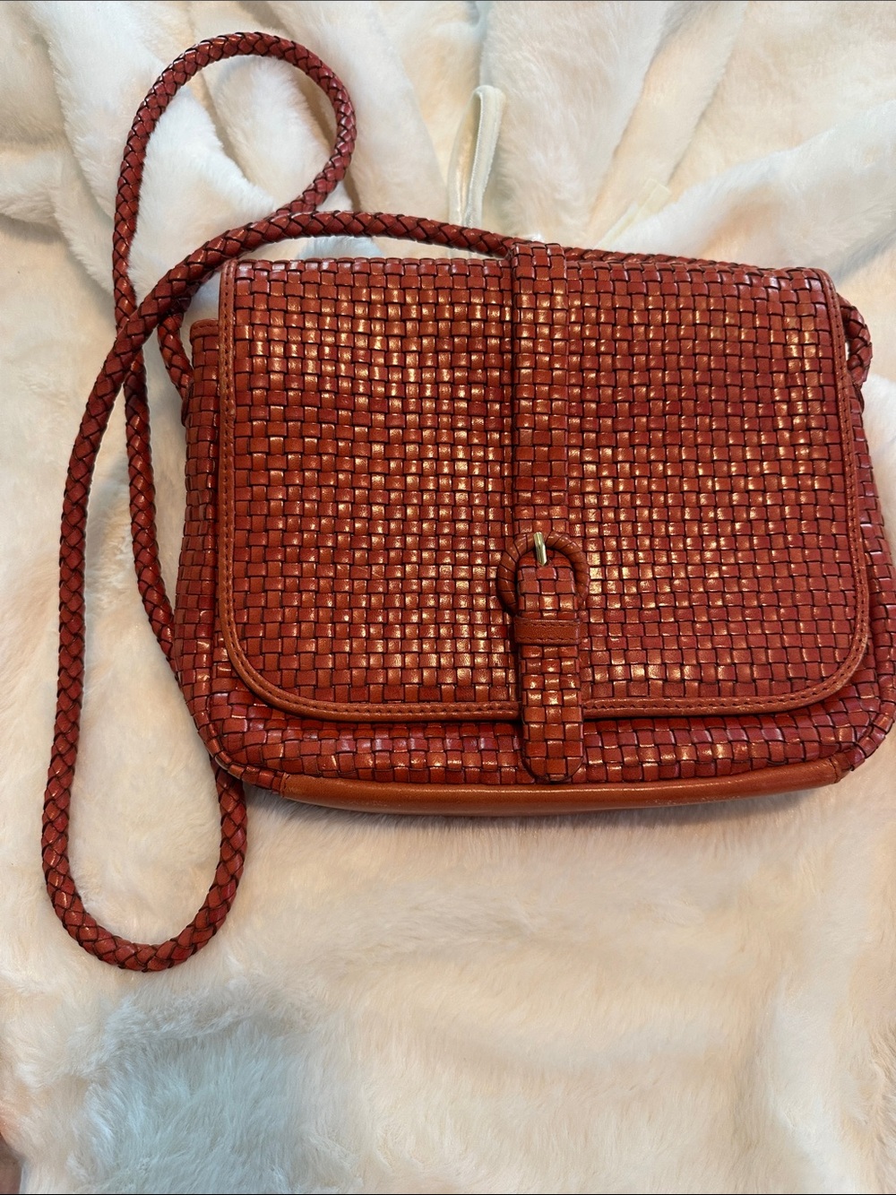 Vintage Valerie Stevens Woven Genuine Leather Crossbody Bag Cognac